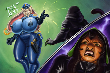 air_valve_navel anthro big_breasts bodysuit breasts clothing duo electroshock_weapon fangs female green_eyes handles_on_hips inflatable latex latex_bodysuit latex_clothing latex_skinsuit pained_expression police police_uniform red_eyes reference_to_character skinsuit taser teeth tight_clothing tokusatsu uniform valve_nipple weapon rayoutofspace nina_snowfield sun_jade animate_inanimate haplorhine lagomorph leporid living_inflatable living_sexdoll mammal monkey primate rabbit absurd_res hi_res
