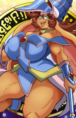 anthro big_breasts breasts card clothing costume female freckled_face freckled_shoulders freckles parody pattern_background simple_background smile solo mtapartstuff las_lindas yu-gi-oh! dark_magician_girl mora_linda bovid bovine duel_monster mammal absurd_res hi_res