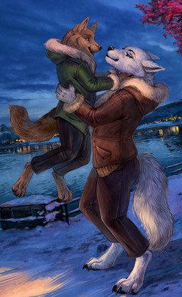 4_toes 5_fingers anthro barefoot biped black_bottomwear black_claws black_clothing black_eyebrows black_lips black_nose black_pants black_pawpads blue_sky bottomwear brown_body brown_bottomwear brown_clothing brown_coat brown_eyebrows brown_fur brown_pants brown_topwear claws closed_smile clothed clothed_anthro clothed_female clothed_male clothing coat detailed_background digitigrade duo eye_contact eyebrows eyelashes feet female female_anthro finger_claws fingerpads fingers fluffy fluffy_tail fully_clothed fully_clothed_anthro fully_clothed_female fully_clothed_male fur fur_trim_(clothing) green_clothing green_coat green_topwear happy humanoid_hands ice interspecies jacket larger_female lifting_another lifting_partner lips looking_at_another looking_at_partner male male/female male_anthro monotone_body monotone_fur mouth_closed open_mouth open_smile outside pants parka pawpads romantic romantic_couple side_view size_difference sky smaller_male smile smiling_at_another smiling_at_partner snow standing tail toe_claws toes topwear water white_body white_fur winter eleacat bridger_(peyak) nika_(peyak) canid canine canis coyote mammal wolf absurd_res english_description hi_res story story_in_description