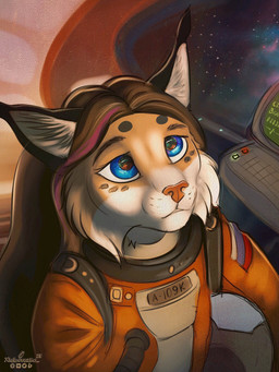 anthro blue_eyes brown_hair clothed clothing detailed_background detailed_eyes female fully_clothed fur hair inside_vehicle looking_up multicolored_body multicolored_fur orange_clothing russia russian_federation russian_flag sitting solo space space_helmet spacecraft spacesuit tan_body tan_fur vehicle xleb0rezka annet_(xleb0rezka) felid feline lynx mammal 2024 3:4 digital_drawing_(artwork) digital_media_(artwork) hi_res watermark