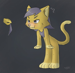 ambiguous_gender annoyed anthro barefoot blush bottomless bra breasts brown_body brown_fur cheek_tuft chibi clothed clothing cute_fangs disembodied_hand duo ear_tuft embarrassed faceless_ambiguous faceless_character facial_tuft fangs feet female fur fur_tuft hair hindpaw humanoid_hands inner_ear_fluff leaning leaning_forward monotone_body panties paws pink_nose plantigrade purple_eyes purple_hair shirt short_hair simple_background solo_focus sports_bra standing teasing teeth three-quarter_view toes topwear tuft underwear moodytail domestic_cat felid feline felis mammal 2021 digital_media_(artwork) hi_res