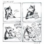 1:1 2015 4koma absurd_res anne_barnetson base_two_layout black_nose canid canine canis comic customer_service_wolf dialogue eating english_text feral four_frame_image grid_layout group hi_res mammal onomatopoeia question_mark snout solo_focus sound_effects speech_bubble teeth text traditional_media_(artwork) two_row_layout wolf