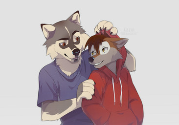 anthro bangs black_claws black_markings black_nose blue_clothing blue_shirt blue_topwear brown_eyes brown_hair brown_markings cheek_tuft claws clothing duo eye_contact facial_tuft fur grey_background grey_body grey_fur hair hood_up hoodie long_snout looking_at_another male markings multicolored_body multicolored_fur open_mouth red_body red_clothing red_fur red_hoodie red_topwear shirt short_hair simple_background size_difference smile smiling_at_another snout teeth topwear tuft yellow_eyes azzai canid canine canis domestic_dog husky mammal nordic_sled_dog spitz wolf 2019 colored digital_drawing_(artwork) digital_media_(artwork) half-length_portrait portrait shaded