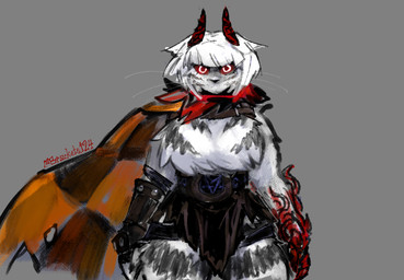angry anthro arm_tuft belt big_breasts black_stripes bottomwear breasts cape checkered checkered_clothing cheek_tuft clothing corruption demonic facial_tuft female fingerless_gloves fluffy fluffy_chest fluffy_legs gloves grey_background hair handwear harness high_waisted_skirt horn looking_at_viewer occult_symbol pattern_clothing pentagram red_eyes red_sclera scarf short_hair shoulder_tuft simple_background single_glove skirt solo straps stripes symbol torn_bottomwear torn_cape torn_clothing torn_scarf torn_skirt tuft whisker_spots whiskers white_body white_hair wide_hips bracketsxxx melp felid mammal pantherine tiger clip_studio_paint_(artwork) digital_media_(artwork) hi_res signature