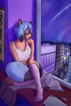 anthro blue_hair bottomwear city city_background clothing ears_up female hair legwear looking_at_another looking_pleasured night paper pink_stockings shirt shorts sky smile solo star stockings topwear undershirt window window_seat window_sill conditional_dnp shirsha brand_new_animal studio_trigger michiru_kagemori nazuna_hiwatashi canid canine fox mammal raccoon_dog tanuki 2:3 absurd_res hi_res