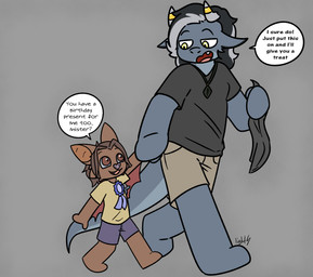 2_horns age_difference anthro award award_ribbon black_clothing black_hair black_shirt black_t-shirt black_topwear blindfold bottomwear brown_body brown_bottomwear brown_clothing brown_ears brown_eyes brown_fur brown_shorts brown_wings clothed clothing dialogue duo exclamation_point fangs fur grey_body grey_bottomwear grey_clothing grey_ears grey_hair grey_horn grey_nose grey_scales grey_shorts grey_tail hair half-closed_eyes hand_holding happy holding_object horn horn_jewelry horn_ring jewelry looking_at_another looking_back male membrane_(anatomy) membranous_wings multicolored_body multicolored_hair multicolored_scales narrowed_eyes necklace question question_mark ring_(jewelry) scales sharp_teeth shirt shorts smile speech_bubble t-shirt tail teeth text tongue topwear two_tone_body two_tone_hair two_tone_scales two_tone_tail walking wings yellow_clothing yellow_eyes yellow_shirt yellow_t-shirt yellow_topwear young young_anthro young_male younger_male lightningb0lt01 mythology rune_(runederg) bat dragon mammal mythological_creature mythological_scalie scalie 2025 absurd_res digital_media_(artwork) english_text hi_res signature