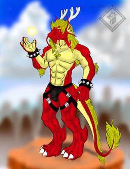 abs anthro antlers blonde_hair bracelet bulge clothed clothing cross cross_necklace fluffy fur hair horn jewelry jockstrap male muscular muscular_anthro muscular_male necklace skimpy solo speedo spiked_bracelet spikes swimwear tail topless underwear whiskers railroadforce asian_mythology east_asian_mythology mythology oros dragon eastern_dragon furred_dragon furred_scalie mythological_creature mythological_scalie scalie 2008 hi_res