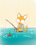 anthro big_eyes bobber clothed clothing dipstick_tail fishing fishing_rod fluffy fluffy_tail fully_clothed fur looking_down male markings orange_body orange_fur partially_submerged simple_background tail tail_markings water onni's domestic_cat felid feline felis mammal hi_res