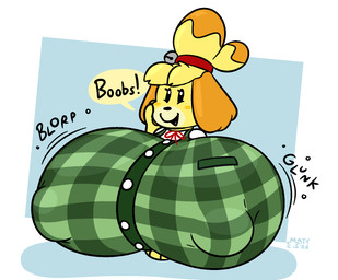 anthro big_breasts big_nipples breasts clothing exclamation_point female green_clothing green_topwear green_vest huge_breasts huge_nipples hyper hyper_breasts hyper_nipples nipple_outline nipples onomatopoeia open_mouth solo sound_effects speech_bubble text tight_clothing topwear vest yellow_body mattthetooncat animal_crossing nintendo isabelle_(animal_crossing) canid canine canis domestic_dog mammal shih_tzu toy_dog 2026 english_text hi_res