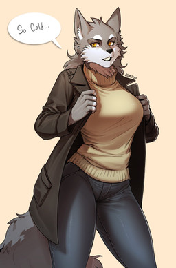 anthro black_nose breasts clothed clothing female fluffy fluffy_tail fully_clothed fur grey_body grey_fur jacket simple_background solo speech_bubble tail text topwear white_body white_fur yellow_eyes pgm300 canid canine canis mammal wolf digital_media_(artwork) english_text hi_res shaded