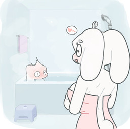 anthro anthro_on_anthro bare_back bath bathing bathroom bathtub blush blushing_profusely bodily_fluids breasts circle_eyebrows duo eyebrows eyes_closed faucet female female_anthro floppy_ears furniture in_bathtub inside larger_female looking_at_another lop_ears male male/female male_anthro mature_anthro mature_female open_mouth open_smile partially_submerged pink_towel round_eyes round_tail shampoo_bottle shower size_difference smaller_male smile step_stool stool sweat tail towel towel_only water white_body white_ears white_tail southway lagomorph mammal 2026 digital_media_(artwork)