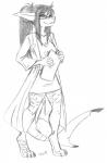 anthro barefoot biped bottomwear breasts claws clipboard clothing coat eyewear feet female glasses hair holding_clipboard holding_object lab_coat long_hair non-mammal_breasts ponytail shirt simple_background skirt smile solo standing stripes toe_claws topwear conditional_dnp vilani myra_(kitsune27) fish marine shark 2018 greyscale monochrome sketch