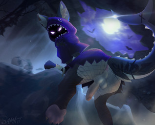 anthro anus balls bandage bandaged_arm cave clothing darkness femboy fin fishnet_clothing genitals glowing glowing_eyes hoodie inner_ear_fluff light looking_at_viewer male moon moonlight obscured_face pawpads paws penis purple_eyes rock shark_hoodie shark_tail solo spikes tattoo topwear tuft water samkit shade_(samkit) aquatic bat fish mammal shark hi_res