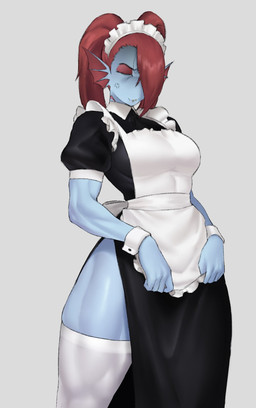 blue_body blue_skin breasts clothing eyebrows eyes_closed female frill_(anatomy) hair legwear maid_headdress maid_uniform muscular muscular_arms muscular_thighs red_hair shirt_cuffs solo thigh_highs uniform meruzis undertale_(series) undyne animal_humanoid aquatic aquatic_humanoid fish fish_humanoid humanoid 2025 hi_res