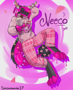 anthro antler_removal antlers beverage candy candy_cane chocolate chocolate_bar christmas_decorations christmas_lights clothing dessert egg food fruit holidays horn horn_removal male milkshake plant red_nose solo spikeball_tail spiral spiral_eyes strawberry sweater topwear suchlambada17 christmas mythology birdo_(character) neeco_neecoola dragon goo_creature mythological_creature mythological_scalie scalie hi_res