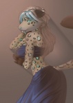 anthro blue_eyes blue_markings blue_nose brown_body brown_fur fangs female fur glowing glowing_eyes highlights_(coloring) markings pose silk solo spots teal_highlights teeth fionafortunecookie serra domestic_cat felid feline felis mammal prehistoric_species saber-toothed_tiger pinup