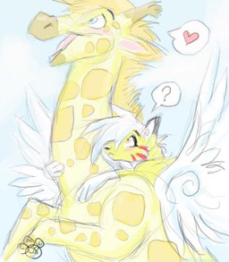 ambiguous_gender black_nose blue_eyes blush carrying_another duo feathered_wings feathers feral feral_with_hair fur hair hair_over_eye heart_symbol horn looking_up_at_another on_hind_legs open_mouth open_smile ossicone paws piggyback pink_blush pink_tongue question_mark size_difference smile snout speech_bubble tongue white_body white_feathers white_hair white_wings wings yellow_body yellow_eyes yellow_fur blondefoxy lucky_(blondefoxy) canid canine canis coyote giraffe giraffid mammal 2008 colored_sketch digital_drawing_(artwork) digital_media_(artwork) shaded sketch