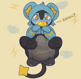 anthro big_diaper black_body black_fur black_tail blue_body blue_fur blush blush_lines clothing dialogue diaper diaper_bulge diaper_fetish erection erection_in_diaper feces fur heart_eyes heart_symbol looking_at_viewer lying male multicolored_body multicolored_fur object_in_mouth on_back onesie open_mouth pacifier pacifier_in_mouth pokemon_onesie pokemon_speak red_nose simple_background snapsuit soiled_diaper soiling solo tail talking_to_viewer text two_tone_body two_tone_fur unclean_diaper used_diaper yellow_background yellow_pacifier ludis-luteo nintendo pokemon generation_4_pokemon luxio pokemon_(species) shinx 2016 artist_name hi_res signature
