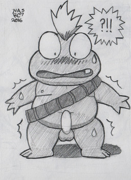 anthro balls belly blush erection genitals male navel nipples penis slightly_chubby solo surprised narc flint_the_time_detective mite_(flint_the_time_detective) amphibian frog traditional_media_(artwork)