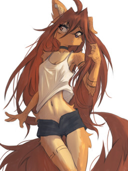 5_fingers anthro arm_tattoo biped bottomwear breasts brown_eyes brown_hair brown_tail choker clothed clothed_anthro clothed_female clothing countershade_torso countershading ear_piercing female fingers front_view fully_clothed fully_clothed_anthro fully_clothed_female fur hair inner_ear_fluff jewelry leg_tattoo long_hair long_tail navel necklace one_ear_up pants piercing simple_background small_breasts solo standing tail tan_body tan_fur tattoo topwear tuft white_background tinygaypirate apogee_(tinygaypirate) canid canine canis domestic_dog mammal 2026 absurd_res digital_drawing_(artwork) digital_media_(artwork) hi_res