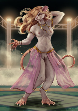 anthro areola biped blonde_hair breasts clothed clothing dancer_outfit dancing ear_piercing ear_ring eyelashes female fingers fur genitals gold_(metal) gold_jewelry hair harem harem_jewelry harem_outfit jewelry long_hair looking_at_viewer mostly_nude mostly_nude_anthro mostly_nude_female necklace nipples piercing rat_tail red_eyes ring_piercing silk skimpy small_breasts smile solo tail teeth translucent translucent_clothing vulva whiskers white_body white_fur kronte shannon_(bahumot) mammal murid murine rat rodent digital_media_(artwork) hi_res