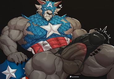 abs anthro balls biceps big_muscles big_penis black_background black_clothing black_underwear blue_clothing blue_mask body_hair claws clothing empty_eyes erection erection_under_clothing fangs fur genital_outline genitals grey_body grey_fur happy_trail heart_symbol humanoid_genitalia humanoid_penis ineffective_clothing looking_at_viewer male multicolored_clothing multicolored_topwear muscular muscular_anthro muscular_male patreon_logo patreon_username penis reclining red_clothing shield shirt simple_background solo teeth thick_thighs topwear torn_clothing torn_shirt torn_topwear triceps underwear uniform vein veiny_penis white_clothing wolfblack43 marvel mythology patreon captain_america capwolf canid canine mammal mythological_canine mythological_creature werecanid werecanine werecreature werewolf 2026 digital_media_(artwork) hi_res