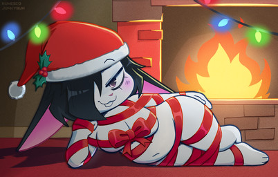 anthro black_hair blush breasts buckteeth christmas_clothing christmas_headwear clothing female fireplace gift_wrapped hair hat headgear headwear holidays looking_at_viewer lying navel on_side santa_hat shortstack slightly_chubby smile solo string_lights teeth white_body kunesco christmas rain_(kunesco) lagomorph leporid mammal rabbit 2025 digital_media_(artwork)