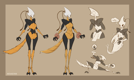 antennae_(anatomy) armor biped black_body black_chitin chakram ellipsis female fingers fur heart_symbol hug hugging_another inner_monologue standing stinger tail text thinking weapon yellow_body yellow_fur astralynx hollow_knight:_silksong hollow_knight_(franchise) team_cherry hornet_(hollow_knight) shakra_(hollow_knight:_silksong) arthropod insect 2026 absurd_res english_text hi_res model_sheet