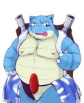 anthro asian_clothing belly big_belly blue_body blush clothing clothing_aside east_asian_clothing erection fundoshi fundoshi_aside genitals japanese_clothing kemono male moobs nipples overweight overweight_male penis simple_background solo tongue tongue_out underwear underwear_aside snow_utamaru nintendo pokemon blastoise generation_1_pokemon pokemon_(species) 2022 censored hi_res