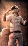 5_fingers anthro ball baseball_(ball) baseball_uniform biped canid canine clothed clothing eyewear fingers fur glasses hair hat headgear headwear hi_res male mammal rikosakari solo sportswear tail uniform