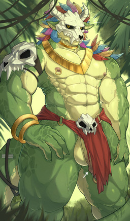 abs anthro areola aroused balls barazoku biceps black_sclera bodily_fluids bone bone_mask bottomwear bracelet clothing deltoids directional_arrow ear_piercing ear_ring erection forearm_muscles genital_piercing genitals gold_(metal) gold_jewelry green_body humanoid_genitalia humanoid_penis ineffective_clothing ineffective_loincloth jewelry loincloth looking_at_viewer male mask mostly_nude muscular muscular_anthro muscular_arms muscular_male muscular_thighs navel neck_ring nipple_piercing nipple_ring nipples o-ring pecs penis penis_piercing piercing prince_albert_piercing quads ring_piercing scales serratus simple_background skull skull_mask solo stocky sweat tail trapezius triceps v-cut vein veiny_muscles veiny_penis yellow_eyes milang_313 terraria witch_doctor_(terraria) lihzahrd lizard reptile scalie absurd_res hi_res