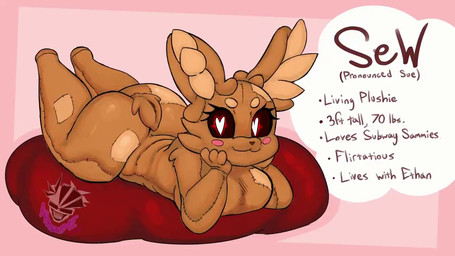 anthro arm_support bean_bag big_butt black_sclera brown_body brown_ears brown_fur brown_tail butt dialogue eyelashes female female_anthro fur heart_pupils heart_symbol inner_ear_fluff leaning_on_elbow lying mouth_closed on_front patch_(fabric) pawpads pink_background pink_pawpads plushie seam_(sewing) simple_background smile solo stitch_(sewing) tail text tuft phrenpai indigoat_(va) sew_(phrenpai) animate_inanimate living_plushie teddy_bear_(species) 2026 animated digital_media_(artwork) english_text long_playtime video