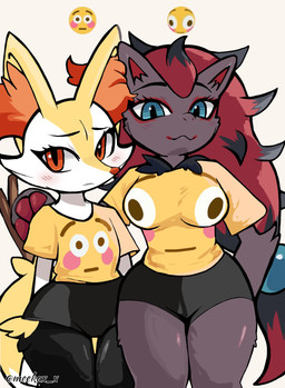 3_fingers :3 anthro arm_around_shoulders biped black_body black_fur blue_eyes blush blush_lines bottomwear breast_size_difference breasts cheek_tuft chest_tuft claws clothed clothed_anthro clothed_female clothing dipstick_tail duo embarrassed emoji emoji_clothing error eyebrows eyelashes eyeliner facial_tuft female female_anthro fingers flat_chested front_view frown fur furrowed_eyebrows grey_body grey_fur hair hand_on_shoulder hip_tuft humor inner_ear_fluff looking_at_viewer makeup markings medium_breasts multicolored_body multicolored_fur object_in_tail orange_body orange_eyes orange_fur pointy_ears pokemorph prick_ears print_clothing print_shirt print_t-shirt print_topwear red_body red_eyeliner red_fur red_hair shirt shorts simple_background smile smug snout standing stick stick_in_tail t-shirt tail tail_markings text thick_thighs thigh_gap topwear tuft twitter_handle white_background white_body white_fur wide_hips yellow_body yellow_fur meekax_x bulging_smiley_shirt_meme meme_clothing nintendo pokemon braixen canid canine generation_5_pokemon generation_6_pokemon mammal pokemon_(species) zoroark 2025 absurd_res artist_name cel_shading digital_drawing_(artwork) digital_media_(artwork) hi_res meme shaded
