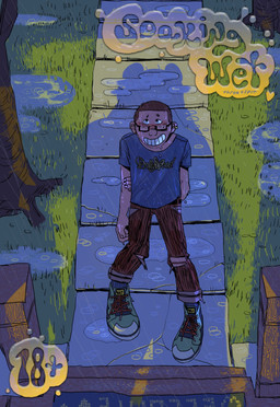 age_restriction blush brown_hair clothed clothing detailed_background eyewear glasses hair male night raining smile solo torn_clothing wet throatspit human mammal absurd_res colored comic cover cover_art cover_page hi_res