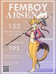 2022 3:4 4_fingers anthro bow_tie cape clothing cover digitigrade domestic_cat felid feline felis femboy fingers fur halberd hi_res holding_object holding_weapon inner_ear_fluff magazine_cover male mammal marcus_gray melee_weapon polearm qr_code solo sparkles stripes tail tuft weapon yellow_body yellow_eyes yellow_fur