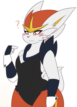 anthro arm_tuft black_clothing black_leotard blue_body blue_fur blush blush_stickers clothing cuffs_(clothing) female fur gesture gloves_(marking) hair hand_gesture leotard markings multicolored_body multicolored_fur orange_body orange_eyes orange_fur orange_hair pointing pointing_at_self question_mark scut_tail short_tail shoulder_tuft simple_background solo standing tail thick_thighs tuft two_tone_body two_tone_fur white_background white_body white_fur yellow_inner_ear dewwydarts nintendo pokemon cinderace generation_8_pokemon lagomorph leporid mammal pokemon_(species)