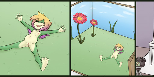 abdominal_bulge after_vore anthro belly camera desk female female_pred flower furniture genitals loli lying permanent photography plant relaxing solo spread_legs spreading table vore vulva young young_anthro young_female young_pred shouk amphibian frog absurd_res hi_res
