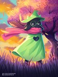 anthro biped black_body black_fur clothed clothing cloud detailed_background eyewear fur glasses green_clothing hat headgear headwear male outside plant scarf sky solo standing sunset tree wizard_hat stevie_choo deltarune undertale_(series) ralsei bovid caprine darkner goat mammal 2018 3:4 hi_res