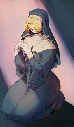 anthro big_breasts breasts buckteeth christian_cross christian_symbol clothed clothed_anthro clothed_female clothing cross ears_over_eyes female female_anthro fully_clothed fully_clothed_anthro fully_clothed_female fur gloves handwear jewelry kneeling necklace nun nun_habit obscured_eyes open_mouth praying religion religious_clothing religious_symbol solo teeth white_body yellow_body yellow_fur zeighous christianity lilith_(zeighous) lagomorph leporid mammal rabbit absurd_res digital_media_(artwork) hi_res shaded