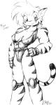 anthro belt breasts clothing female gloves hair handwear knee_pads nipples solo superhero drake_fenwick supermegatopia tiger_lass felid mammal pantherine tiger 1997 monochrome