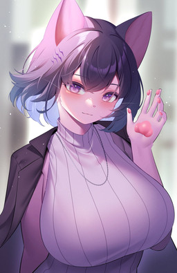 :3 anthro big_breasts black_clothing black_hair black_jacket black_topwear breasts clothing female fur hair huge_breasts hyper hyper_breasts jacket looking_at_viewer paws pink_body pink_fur pink_nose purple_eyes short_hair smile solo topwear kemonoyou domestic_cat felid feline felis mammal hi_res