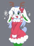 accessory anthro antlers bow_ribbon christmas_clothing clothing dress female fur green_clothing green_eyes green_legwear green_thigh_highs hair hair_accessory highlights_(coloring) holidays horn kemono legwear long_hair paws red_clothing red_dress red_highlights short_tail simple_background snowflake solo tail thigh_highs white_body white_fur white_hair chompyboo christmas domestic_rabbit jackalope lagomorph leporid lop_rabbit mammal oryctolagus rabbit hi_res