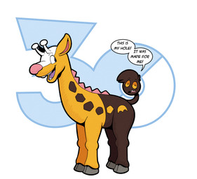 antlers blue_eyes brown_body brown_fur cloven_hooves dialogue fur hooves horn living_tail logo_parody orange_sclera sharp_teeth smile smiling_at_another solo speech_bubble tail tail_head teeth text tongue toony unusual_anatomy unusual_tail yellow_body yellow_fur trevor-fox junji_ito_(copyright) nintendo pokemon pokemon_30_years the_enigma_of_amigara_fault kyp_(character) trevor-fox_(character) generation_2_pokemon girafarig pokemon_(species)