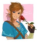 blonde_hair blue_eyes clothing ear_piercing fingerless_gloves flower gloves hair handwear humanoid_pointy_ears light_body light_skin looking_at_viewer male not_furry piercing plant pointy_ears rose_(flower) simple_background smile solo ivy_draws breath_of_the_wild nintendo the_legend_of_zelda link elf humanoid hylian digital_media_(artwork) hi_res signature