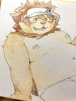 anthro belly blush brown_body brown_fur brown_mane clothing fur hat headgear headwear looking_at_viewer male mane moobs navel nipples overweight overweight_male solo underwear visor_cap s_ouo lifewonders tokyo_afterschool_summoners vapula_(tas) felid lion mammal pantherine 3:4 hi_res traditional_media_(artwork)