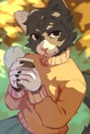 anthro black_body black_fur blue_bottomwear blue_clothing blue_pants blurred_background bottomwear clothed clothing container cup fur holding_container holding_cup holding_object looking_at_viewer male mouth_closed pants pink_nose sitting solo sweater topwear white_body white_fur yellow_clothing yellow_sweater yellow_topwear corzh77 felid mammal absurd_res hi_res