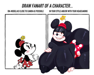 anthro big_breasts big_butt black_body blush bottomwear breasts butt clothing duo female flower hat headgear headwear huge_breasts huge_butt plant skirt text thick_thighs rabbit5gamer disney draw_fanart_of_a_character_meme minnie_mouse mammal mouse murid murine rodent english_text hi_res
