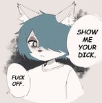 anthro blue_hair clothing dialogue female female_anthro fur grey_body grey_eyes grey_fur hair open_mouth profanity sexual_harassment shirt simple_background solo text topwear white_body white_fur hatsumiilkshake watamote tera_(hatsumiilkshake) canid canine canis mammal wolf 2023 english_text trans_(lore) trans_woman_(lore)