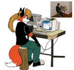 2024 anthro artbyyellowdog biped bottomwear brown_hair canid canine clothed clothing computer computer_keyboard countershade_face countershade_fur countershading dipstick_tail electronics feet female footwear fox fur hair hi_res linux mammal markings pants plantigrade shirt shoes sitting slippers solo tail tail_markings topwear trans_(lore) trans_woman_(lore) xenia_(linux)