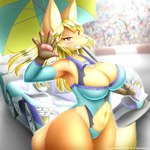 5_fingers amber_eyes anthro big_breasts blonde_hair blush breasts cleavage clothed clothing detailed_background fangs female female_anthro fingers gesture hair holding_object holding_parasol kemono long_hair navel one-piece_swimsuit outside parasol race_car race_queen race_track sleeves smile solo standing swimwear teeth thick_thighs waving faroula canid canine fox mammal 1:1 2021 absurd_res hi_res